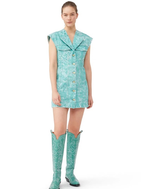 Ganni Dresses & Skirts - Ganni Teal Lace-Print Sleeveless Button-Front Mini Dress